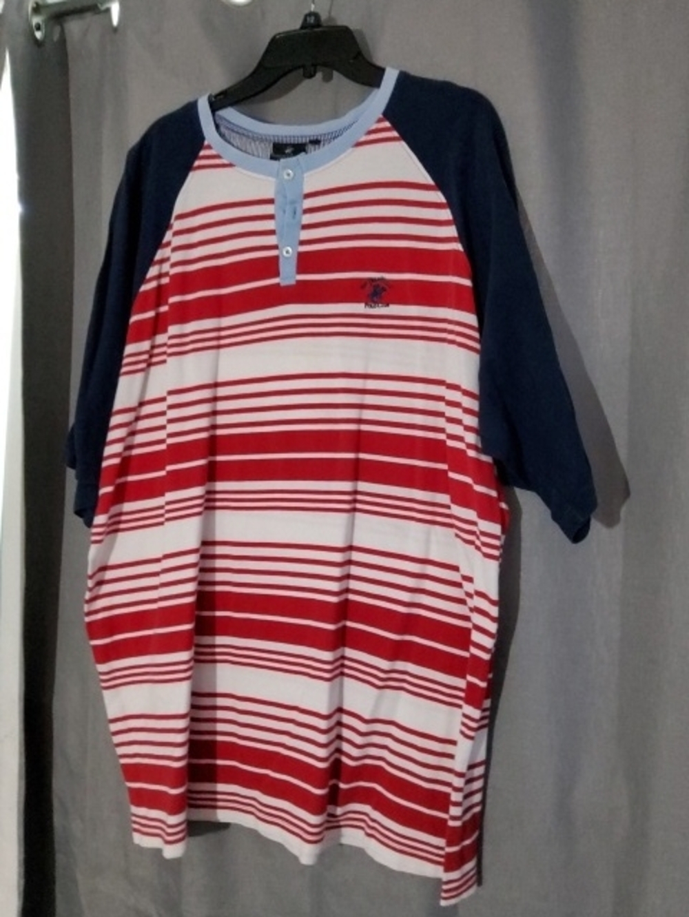 Men's Red & White Striped Polo Top with Navy Sleeves